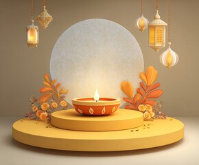 3D illustration of podium stage scene with Indian Diwali Diya oil lamp and paper graphic Indian lantern on round blank card. The Festival of Lights. High quality