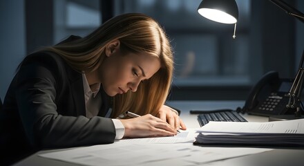 Businesswoman slumped over papers illuminated by desk lamp late at the office