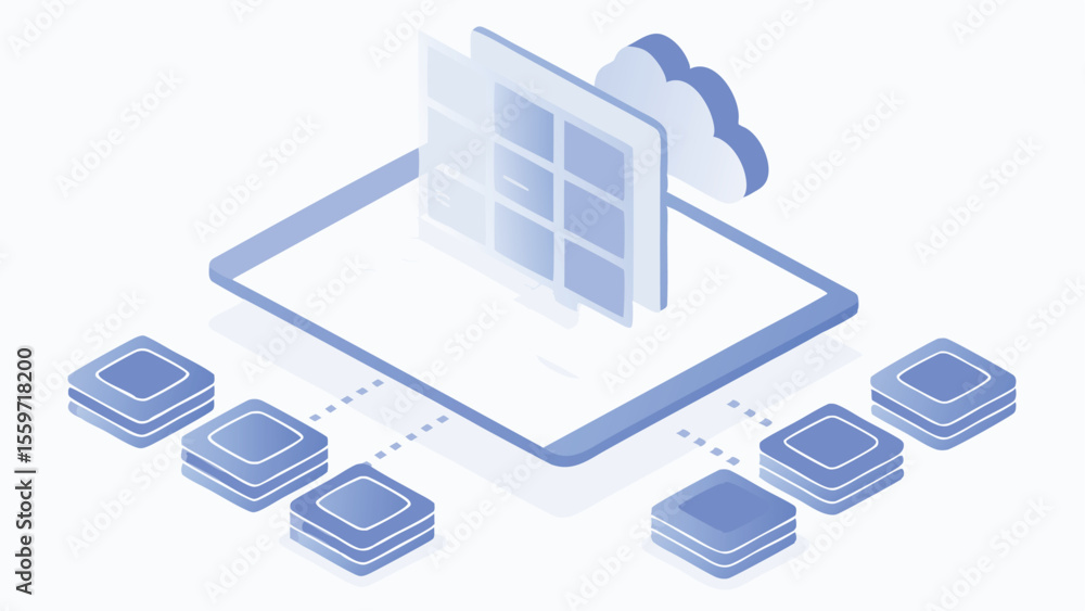 Aufkleber isometric view of a tablet connected to cloud storage and data servers in light blue and white color