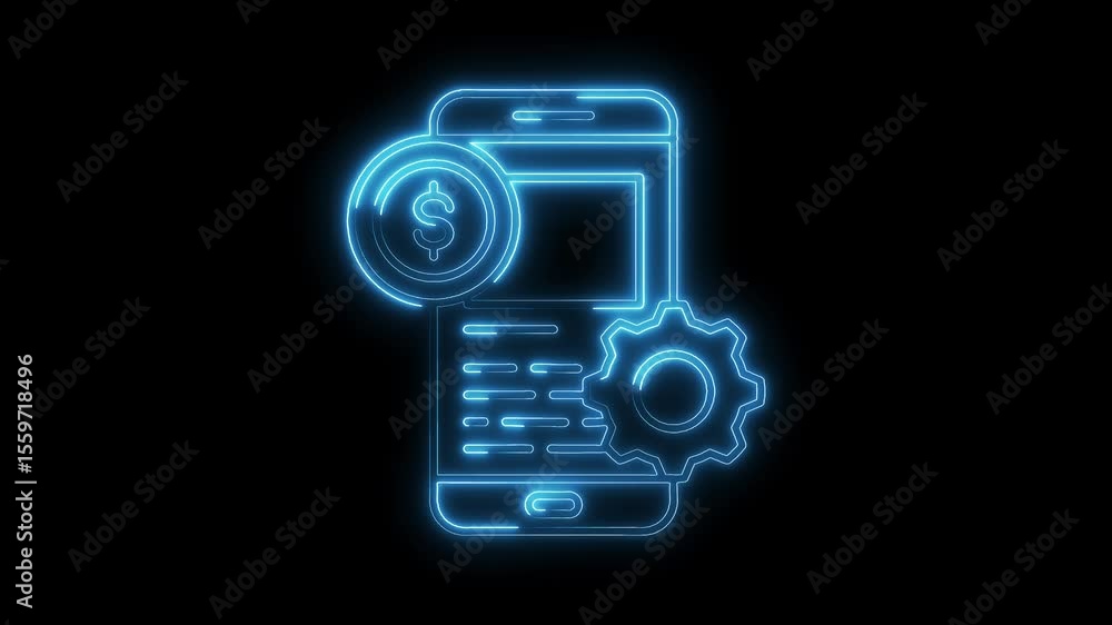 Poster glowing mobile payment configuration neon style animation on black background