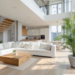 Sunlit, open-plan living space with white sectional sofa, light wood coffee table, and modern kitchen visible through double-height ceiling