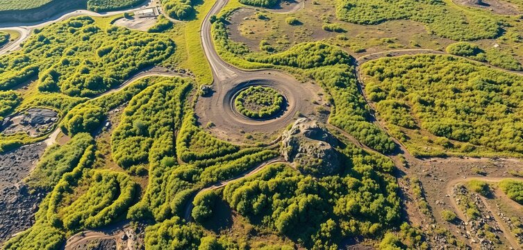Drone view of reclaimed mine land showing vegetation regrowth, satellite, revegetation