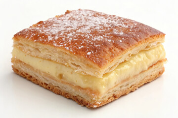 Square Custard Pastry with Flaky Layers and Powdered Sugar on White Background