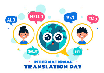 International Translator or Translation Language Day Illustration with Hello Greetings from Different Countries and Multilingual Global Communication © denayune