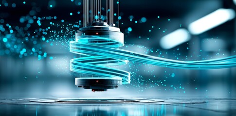 Futuristic AI supercomputer core spins data spiral in suspended sterile lab
