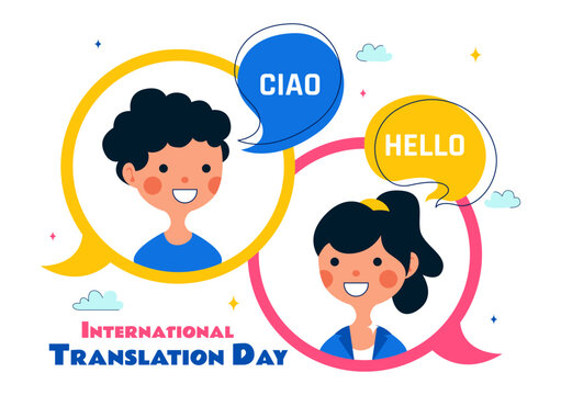 International Translator or Translation Language Day Illustration with Hello Greetings from Different Countries and Multilingual Global Communication