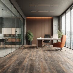 Modern office with wood floors, glass walls, brown accents, and a large window offering natural light.  A desk and chairs are the focal point