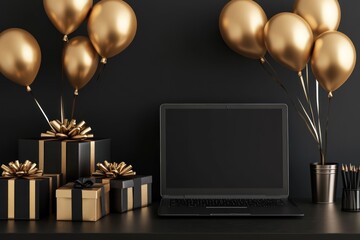 Glamorous workspace scene with black and gold gift boxes, golden balloons floating near laptop