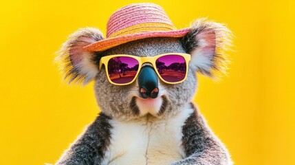 Koala wearing sunglasses and hat against yellow background.
