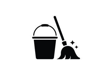 Cleaning Supplies Mop and Bucket Icon Black white