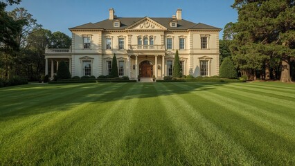 A luxurious white house with elegant architectural details, surrounded by a lush green lawn in front of the house, creates the perfect combination of sophistication, comfort and natural beauty