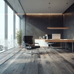 Modern office with dark wood floors, large windows showcasing a city view, a black leather armchair, and a minimalist desk