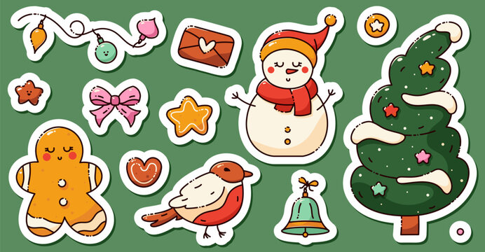 Naklejki A set of stickers on a Christmas theme. Includes a cute snowman, xmas tree, bird, star, cookie, bell, envelope with a heart drawing in bright color.