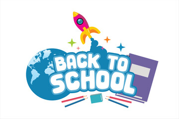 Vector Back to School Rocket and Globe. Modern vector with a rocket launching, globe, books, and bold 