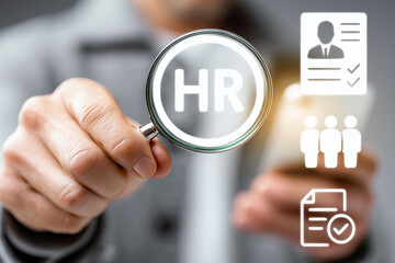 Close-up of a hand holding a magnifying glass with HR icon, symbolizing recruitment, employee evaluation, and human resources management in modern business. generative ai