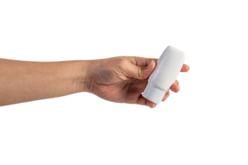 Skin care or sunscreen cosmetic and hand on transparent background.