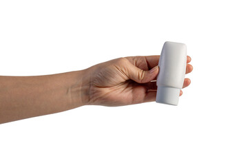 Skin care or sunscreen cosmetic and hand on transparent background.