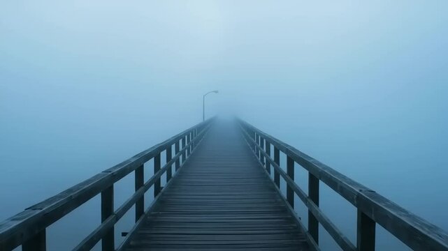 Wooden pier extending into a thick fog