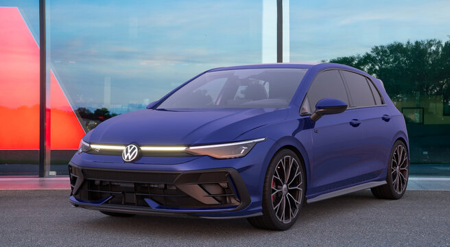 Volkswagen Golf 8R Facelift in front of the car showroom