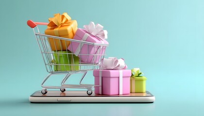 Shopping card with giftbox on mobile phone. Shopping online concept