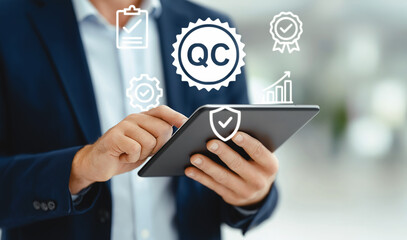 Businessman using a tablet with QC quality control icons, symbolizing digital inspection, performance analytics, certification, and standard compliance in modern business operations. generative ai