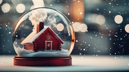 A snow globe featuring a small red cabin with smoke curling from the chimney, heavy snowstorm inside, and blurred cool-toned holiday bokeh behind