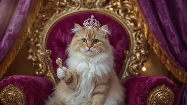 A white, fluffy, adorable cat wearing a crown sits regally on an elegant, luxurious chair, exuding charm, royalty, and a playful sense of feline majesty in a lavish setting
 - Powered by Adobe