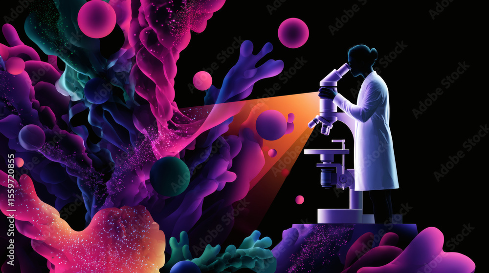Poster a scientist in a lab coat peers through a microscope, surrounded by vibrant, abstract molecular and 