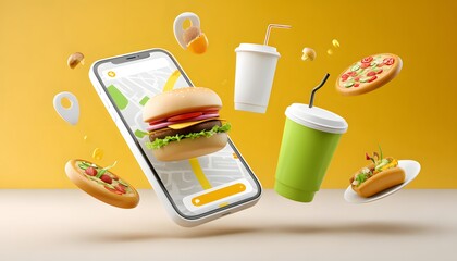 3D mobile phone with delivery food element. Food delivery concept