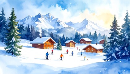 Serene Winter Village nestled in the Majestic Alps Watercolor Painting