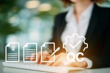Close-up of businesswoman’s hands typing on keyboard with digital icons for QC, quality documents, and checklists, symbolizing quality assurance and document verification. generative ai