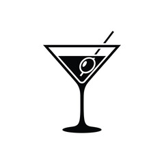 Martini Glass with Olive Black and White Icon Illustration