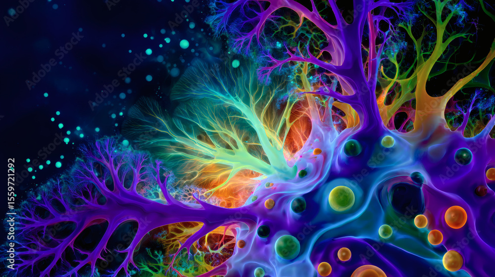 Poster a vibrant, abstract digital illustration resembling neural networks with colorful branching structur