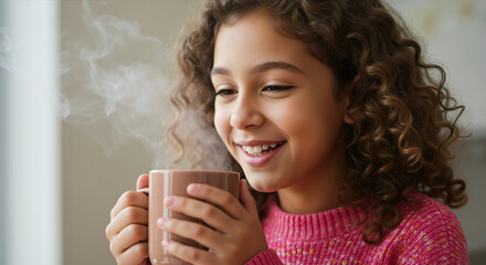 Smiling girl with curly hair holding pink mug looking away against soft background. Student for comfort learning and positive education emotions