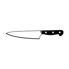 Black and white illustration of a chef s knife on white background