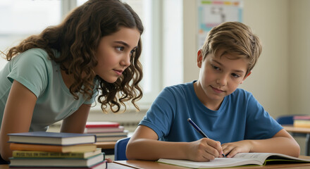 Woman teacher helping boy student with writing assignment in bright classroom. Individual tutoring and academic support for elementary education programs