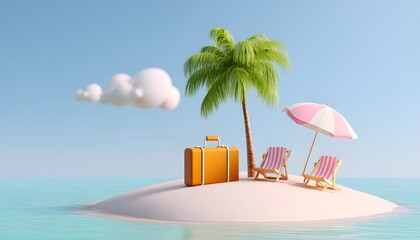 Obraz premium 3D Beach chair, Luggage, Umbrella beach and Palm tree on island beach sea. Summer travel concept