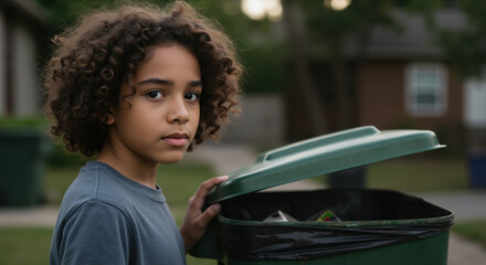 African American girl with curly hair opening green trash bin lid outdoors. Child for environmental education recycling and sustainability programs