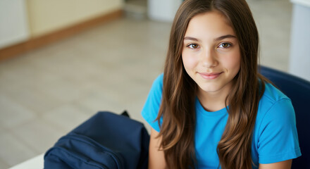 Smiling teenage girl in blue shirt with navy backpack sitting on hallway floor. Student portrait for casual education style and school break relaxation