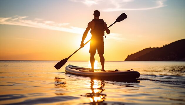 Man paddleboarding on calm water at sunset wearing a life vest and holding a paddle with golden reflections on the sea