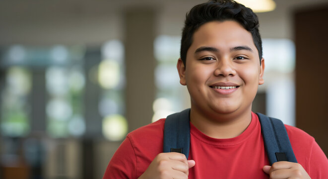 Happy boy with navy backpack smiling in school hallway with blurred background. Student for education confidence motivation and back to school campaigns