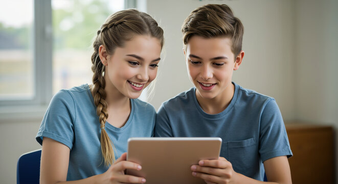 Smiling teenage girl and boy using tablet together in blue shirts at classroom. Digital learning and collaborative education for secondary school programs