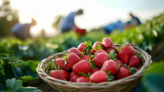 A basket of freshly picked strawberries in a field, with people harvesting in the background during a sunny day.
