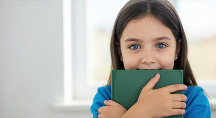 Girl with blue eyes holding green book close to face in bright indoor setting. Child student for reading programs and literacy education concepts