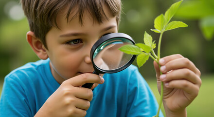 Curious boy examining green plant seedling with magnifying glass outdoors. Nature science education and botanical discovery for elementary STEM learning programs
