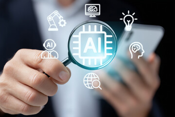 AI assistant technology, Businessman holding magnifying glass over AI chip icon, representing artificial intelligence analysis. Futuristic digital interface and technology concept. generative ai