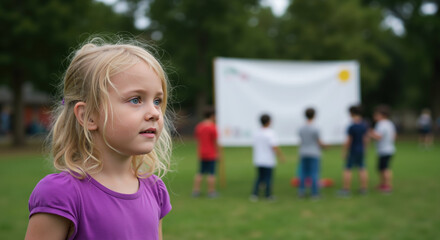 Little blonde girl in purple shirt looking thoughtfully at outdoor school event with presentation board. Child for educational activities and learning programs