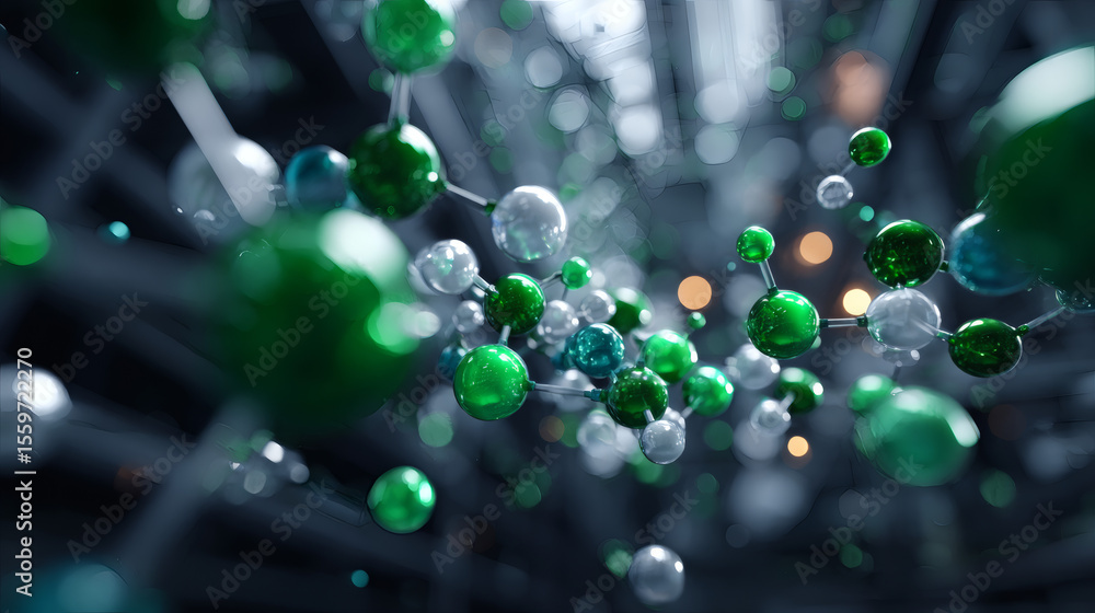 Aufkleber a dynamic 3d molecular structure with green and transparent spheres connected by rods, set against a
