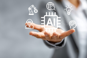 AI assistant technology, Businesswoman presenting AI technology with icons of artificial intelligence, automation, innovation, and machine learning in a futuristic digital interface. generative ai