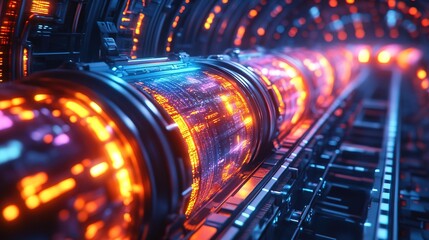 Futuristic Gleaming Machine with Digital Data Flow and Technical Details